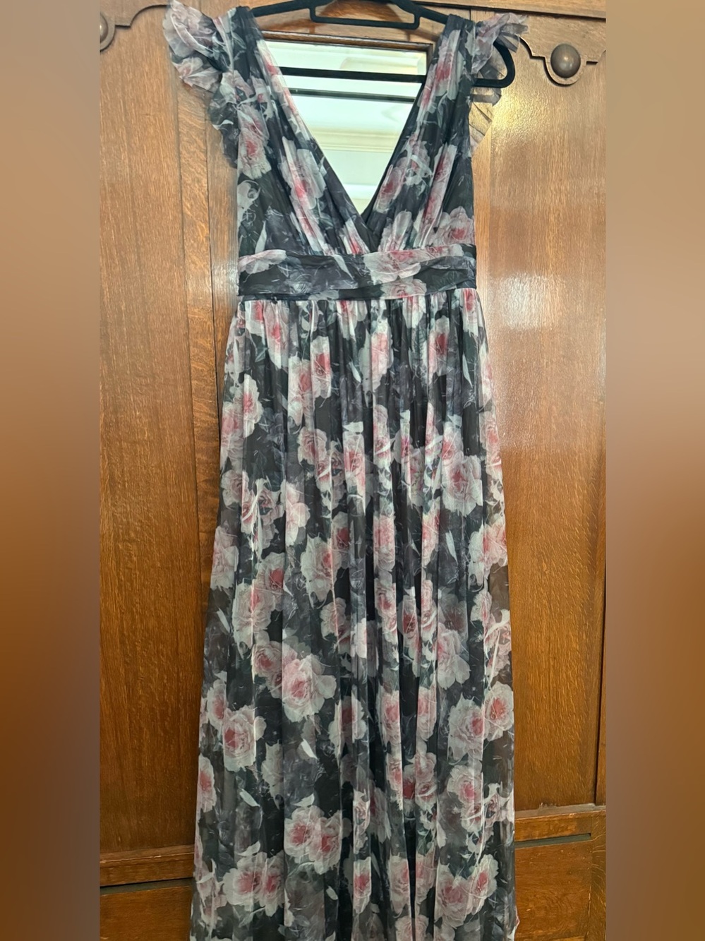 Soieblu XL Black Floral Chiffon Maxi Dress Romantic Sheer V-Neck Formal